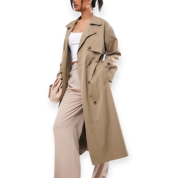 PrettyLittleThing Women’s Us 4 Light Khaki Button Through Oversized Trench Coat - Picture 2 of 8